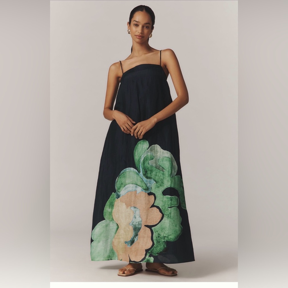 Anthropologie Black Dress with Green and Yellow Floral Design